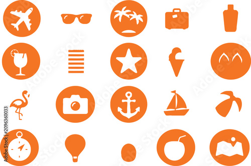 Summer vacation and travel theme icon pack in orange with vacation adventure collection transport lifestyle minimalist destination recreation activity maritime tropical sailboat sunglasses
