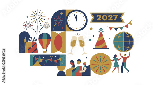 Colorful flat design illustration celebrating a joyful New Year countdown with festive elements