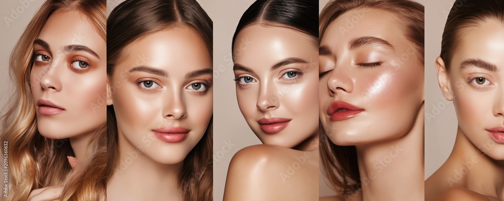 Obraz premium Close-up of five women showcasing radiant cheeks, lips, and hair textures. Ultra realistic detail and soft lighting highlight modern minimal beauty on a neutral background.