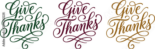 Photos Three colorful give thanks phrases in decorative calligraphy font styles isolate