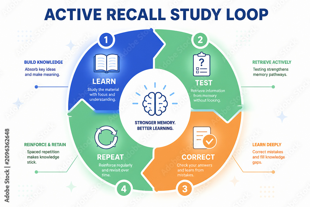 Naklejka premium A diagram illustrates the Active Recall Study Loop, detailing a four-step learning process: Learn, Test, Correct, and Repeat.