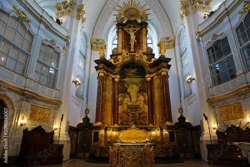 Detailed close up of the ornate golden altar  of St. Michael's Church (Hauptkirche Sankt Michaelis), the main Lutheran church of Hamburg, Germany