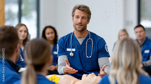 A group of emergency medical trainees sits facing a single instructor beside a life-size casualty simulation mannequin in a cinematic medium shot. Most participants are shown from