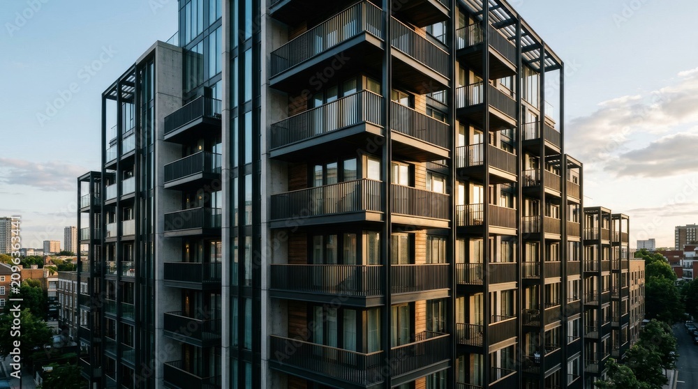 Obraz premium Modern luxury apartment building exterior at golden hour.