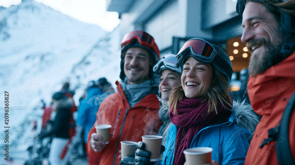 Obraz premium Photorealistic cinematic scene of a group of three friends standing outside a mountain ski lodge drinking warm drinks from paper cups, all in authentic ski gear with goggles pushed