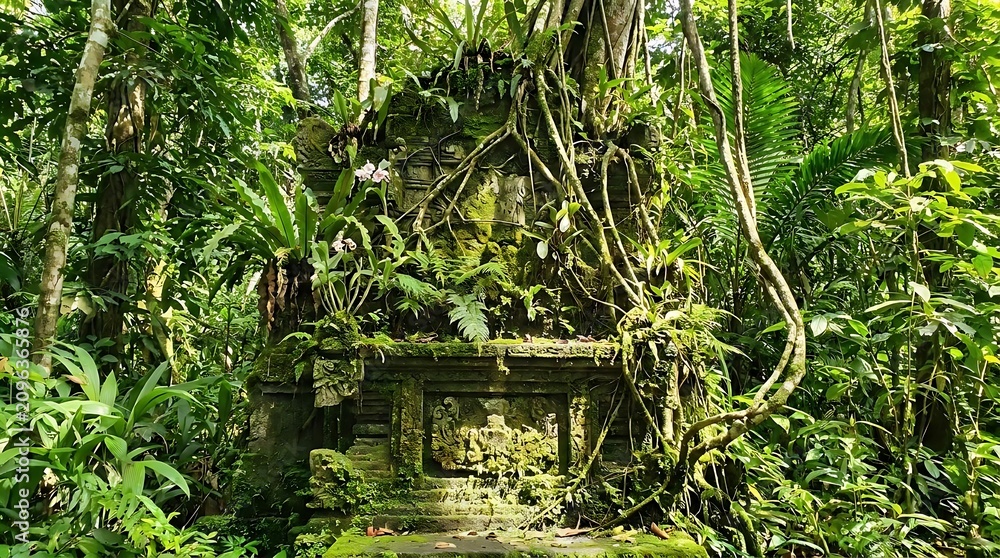 Fototapeta premium Ancient stone structure overgrown by tropical jungle vegetation