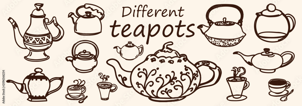 Obraz premium Hand drawn Different teapots vector elements set. line art .Vector illustration.