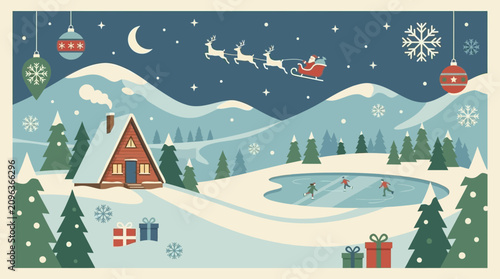 Santa Claus flies his reindeer sleigh over a snowy winter village scene