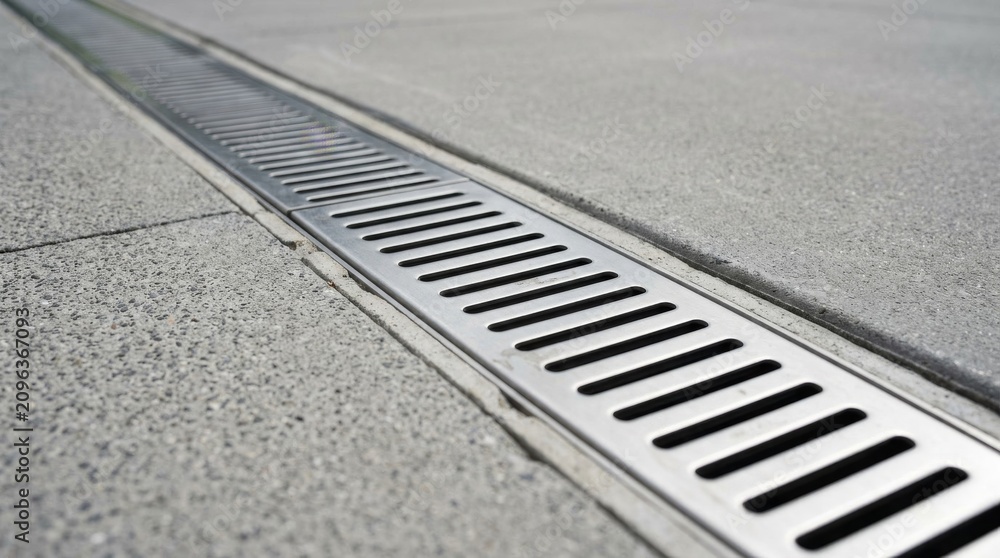 Fototapeta premium Metal trench drain grate installed in concrete sidewalk.