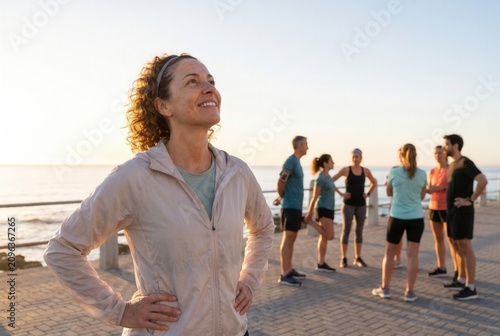 Happy woman smiling looking up, relaxing with diverse friends after outdoor morning run by ocean