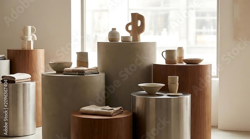 Decorative objects and homeware displayed on pedestals