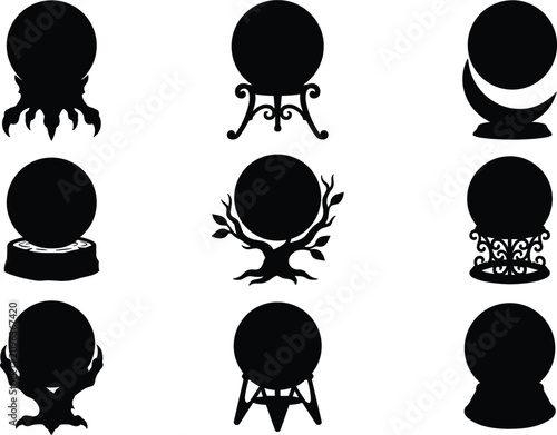 Obraz na plátně Mystical Magic Crystal Ball Silhouette Icon Set with Ornate Stands Claw Bases Tr