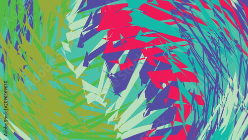 Fotografi Abstract geometric background featuring sharp angular shards and colorful triangular shapes arranged in dynamic spiraling pattern for visual design