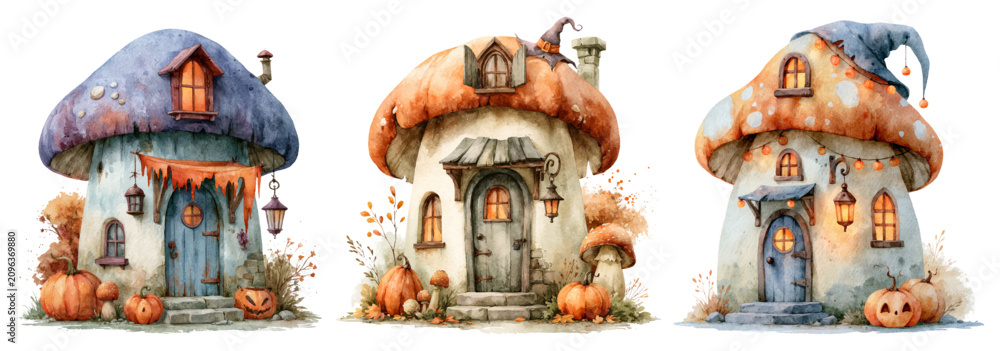 Obraz premium Whimsical mushroom houses featuring vibrant autumn and halloween decorations. Including pumpkins. Jack o' lanterns. And witch hats