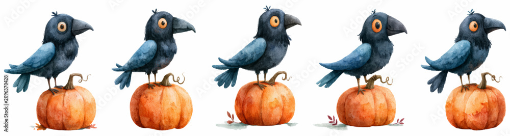 Obraz premium Cute cartoon ravens standing on bright orange pumpkins, celebrating the autumn season and halloween holiday, creating a whimsical watercolor illustration for fall festivities