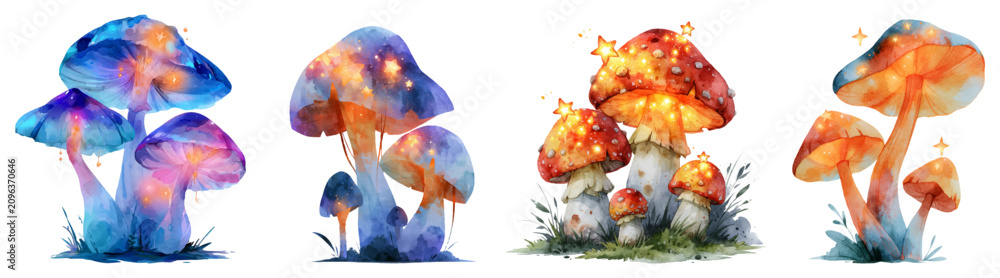 Obraz premium Creative vibrant watercolor fantasy mushrooms with glowing stars, ethereal fungus, drawing magic and mystical elements, colorful fairytale illustration