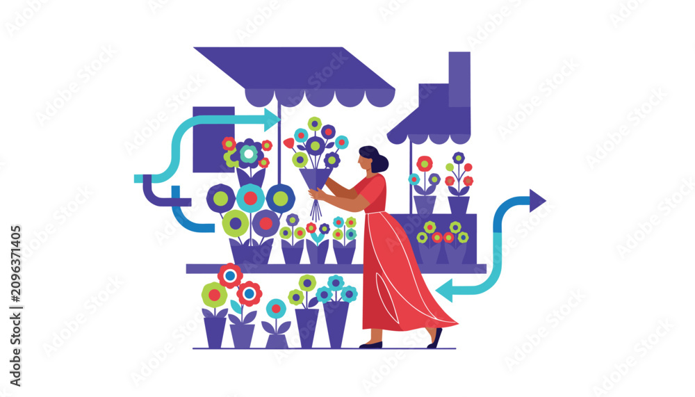 Fototapeta premium A woman shopping for colorful flowers at an outdoor market stall displays a bouquet while browsing diverse plants in purple containers.