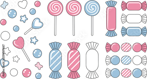 Collection of colorful candy and lollipop icons featuring wrapped sweets, heart shapes, stars, and round candies isolated on white background vector illustration