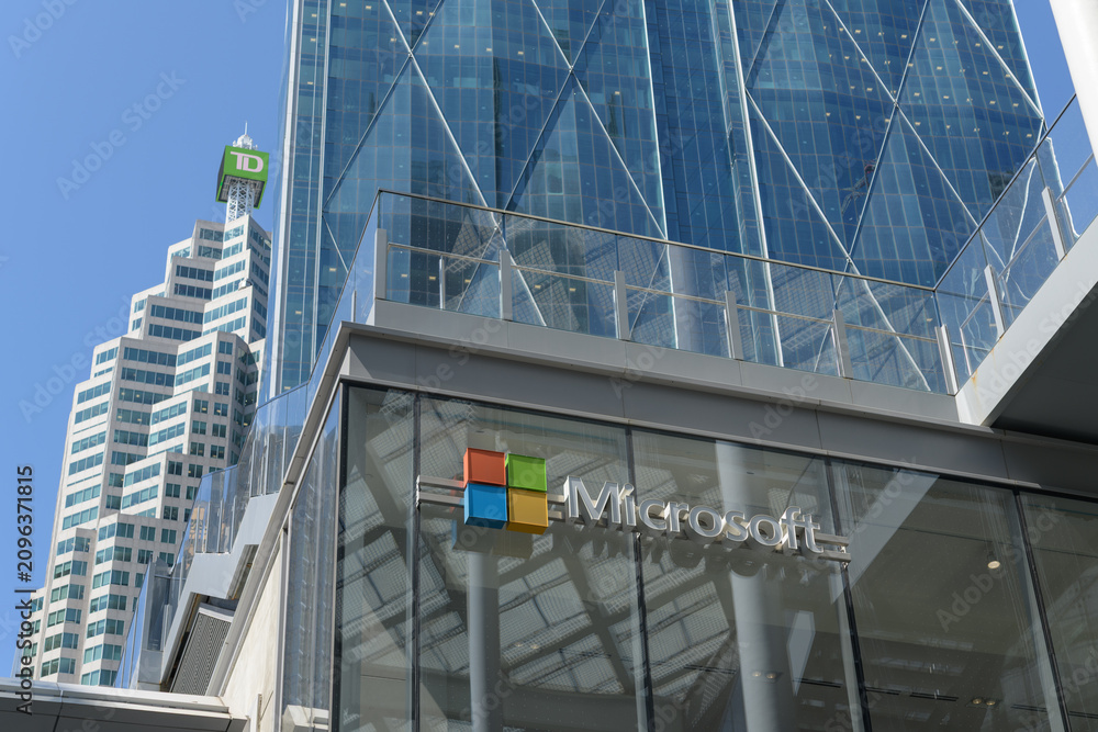Obraz premium exterior building detail and corporate logo sign of Microsoft, for its Canadian headquarters, located at Suite 4400 in CIBC Square, 81 Bay St, Toronto