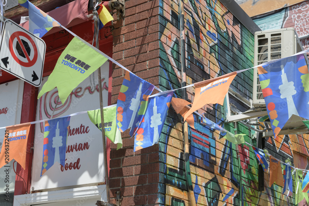 Obraz premium FIFA World Cup bunting outside Latin Taste, a Peruvian restaurant, located at 200 Baldwin St, Kensington Market, Toronto