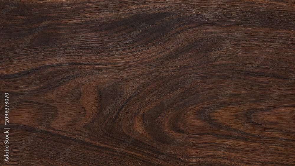 Fototapeta premium Close-up view of rich dark brown wood grain with intricate wavy patterns and natural textures, showcasing the beauty of polished timber surface.