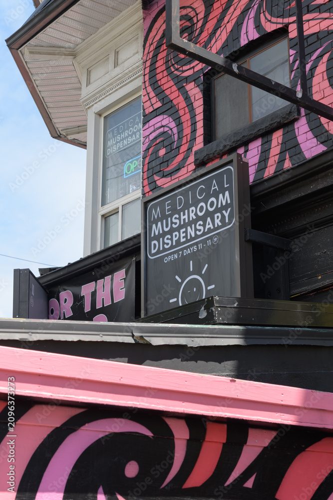 Obraz premium exterior building and sign of DayTrip - Magic Mushroom Dispensary a herbal medicine store located at 69 Oxford St, Kensington Market, Toronto