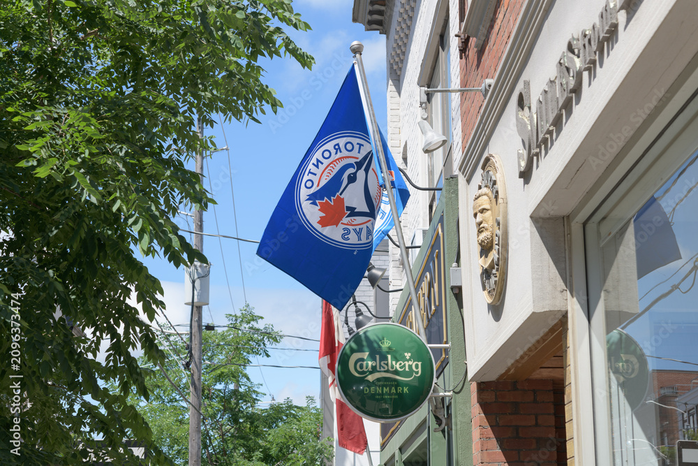 Obraz premium wall-mounted beer sign and Toronto Blue Jays flag outside Ladybug Tavern, 890 College St