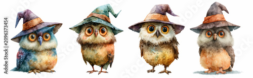 Photography Cute watercolor owls wearing witch hats, celebrating halloween, depicting whimsi