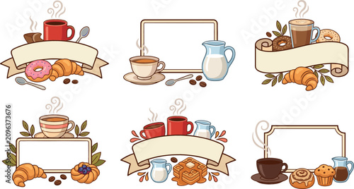 Quadro su tela Coffee shop and bakery label vector set featuring vintage blank banner frames br