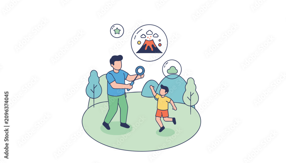 Fototapeta premium Father and son blowing soap bubbles in a park with imaginary drawings of a volcano, star, and cloud inside them.