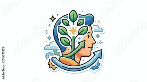 A colorful illustration featuring a person's head with a plant growing out of it