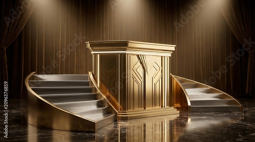 Golden winner podium with dramatic spotlights and stairs