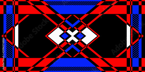 Abstract geometric vector pattern with traditional ethnic folk motifs, featuring bold red, blue, white, and black linear shapes on a dark background.