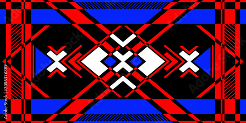 Abstract geometric vector pattern with traditional ethnic folk motifs, featuring bold red, blue, white, and black linear shapes on a dark background.