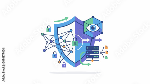 A colorful graphic illustration depicting a shield with a padlock eye and server surrounded by various icons related