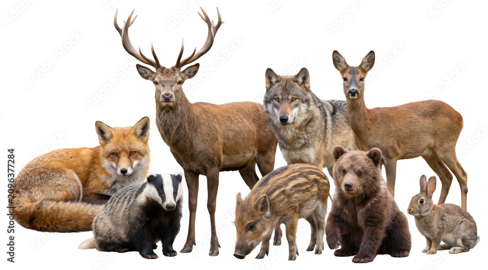 Obraz premium group of various european forest animals including red deer (cervus elaphus) and brown bear (ursus arctos) cut out on transparent background