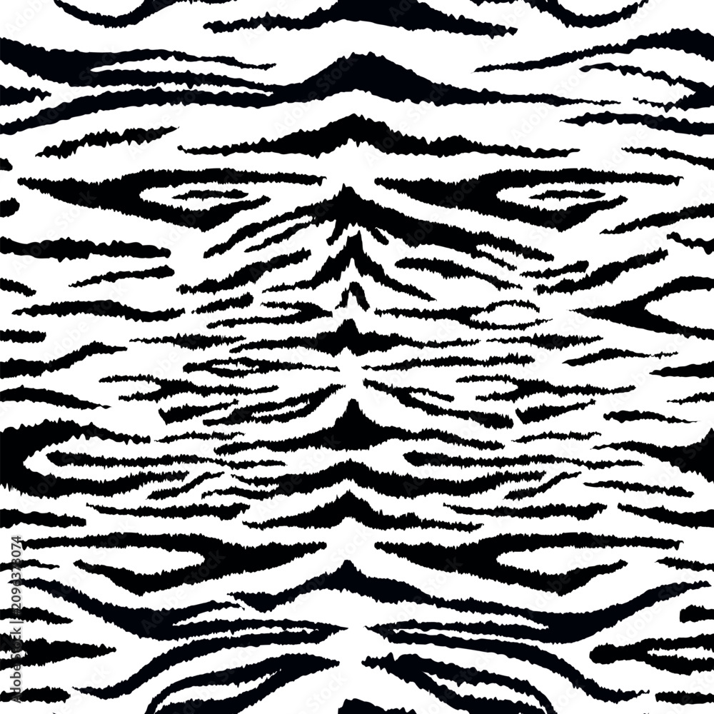 Obraz premium Tiger black white leather seamless pattern. Vector wild animal skin detailed texture, black stripes fur print on white background. Abstract jungle safari texture for fabric, decor, fashion, textile.