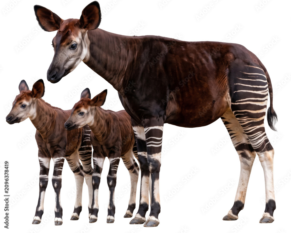 Obraz premium female okapi (okapia johnstoni) standing together with her two young calves isolated on transparent background