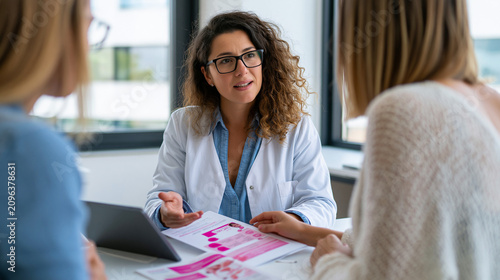 Doctor discussing educational materials with a patient during a women's health consultation. Medical office scene focused on reproductive and hormone health information.