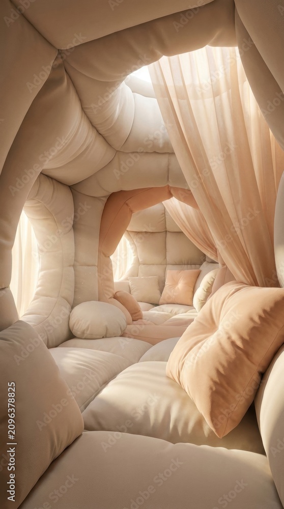 Obraz premium Surreal padded cocoon interior with soft cushions and sheer curtain