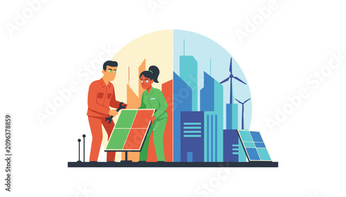 Technicians discuss solar panel efficiency in an urban environment with clean energy technology like wind turbines integrated into the city skyline.
