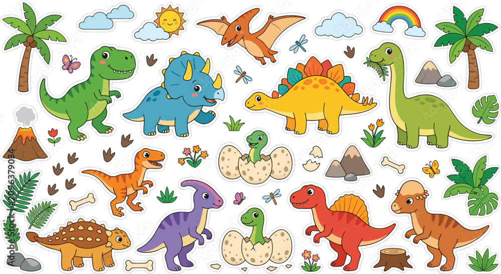 Obraz premium Cute dinosaur stickers collection with funny prehistoric animals volcano rainbow and palm trees isolated on white background vector