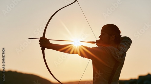 Man holding bow and arrow aiming at sun