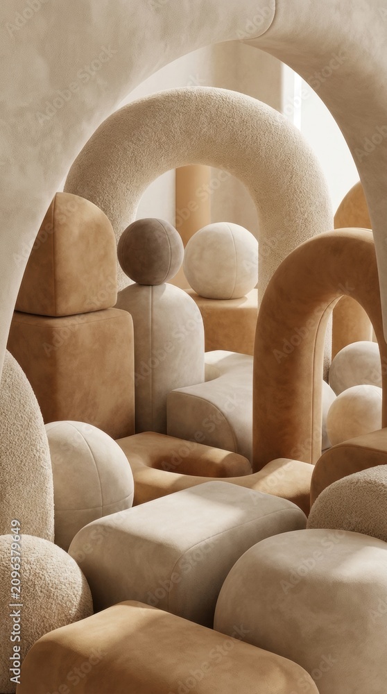 Obraz premium Surreal interior of soft suede spheres and arches in neutral tones