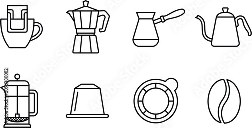 Obraz na płótnie Coffee brewing methods and equipment line icon set with moka pot capsule bean ve