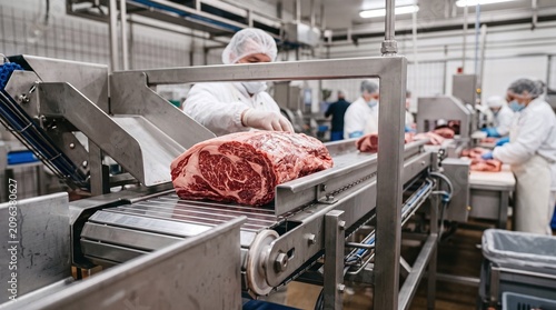 Workers in sanitary clothing process raw beef on an industrial conveyor belt system