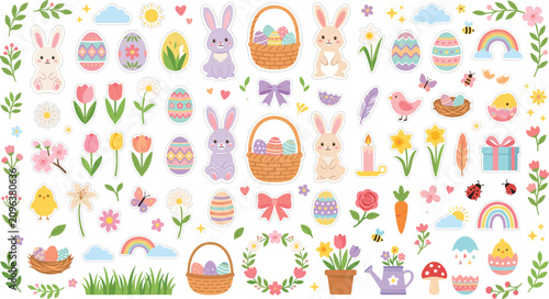 Cuadro en lienzo Cute Easter sticker collection with funny cartoon bunnies colorful painted eggs