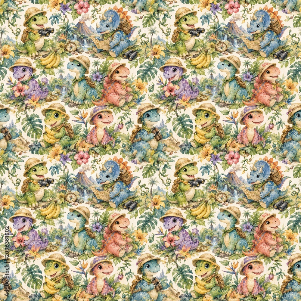 Fototapeta premium Watercolor Baby Dinosaur Explorer Seamless Pattern with Tropical Leaves, Bananas and Wildflowers