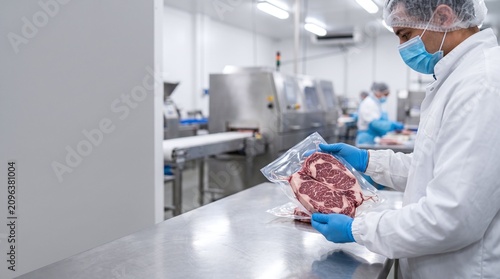 Food production worker inspects vacuum sealed raw beef steaks in sterile processing facility