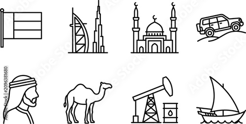 Tableau sur toile United Arab Emirates tourism and culture line icon set with flag dubai mosque ca